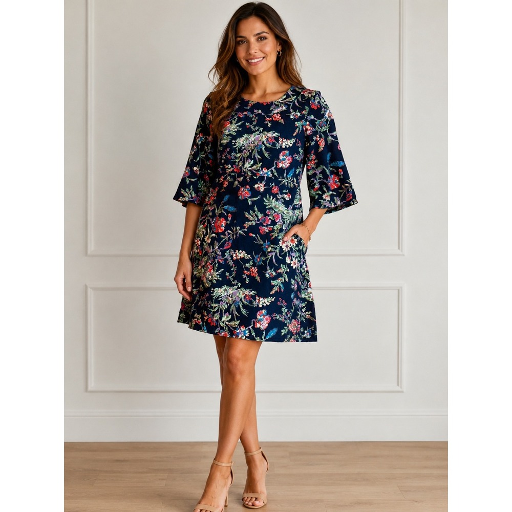 New April Cornell Navy Floral Corduroy Dress XXS 3/4 Sleeve Prairie Farmhouse